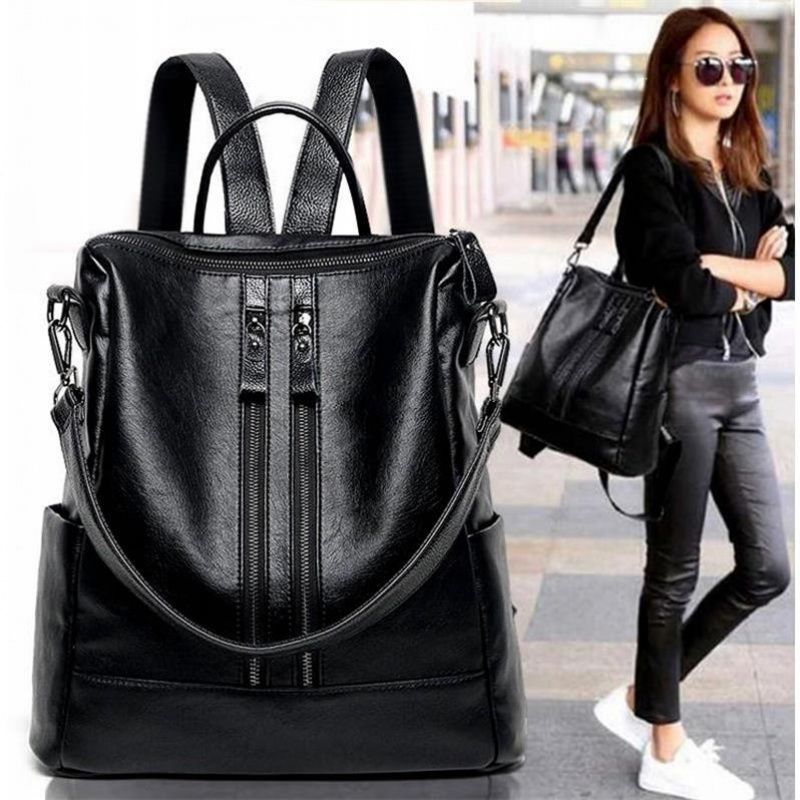 Canvas Backpack Casual - Frauen Weiches Leder Rucksack Schule Schwarz